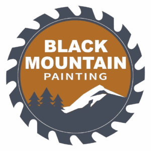Black Mountain Painting logo featuring a circular saw blade design with pine trees, mountain silhouette, and company name in bold black and orange colors.