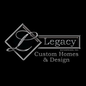 Legacy Custom Homes & Design logo featuring a metallic silver 'L' inside a diamond shape, with the company name in stylized silver text on a black background.