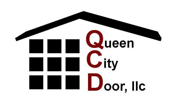 Logo for Queen City Door, LLC featuring a stylized house roof over a grid of black squares resembling a garage door on the left, with the red letters “Q,” “C,” and “D” vertically aligned next to the black text “Queen City Door, llc” on the right.