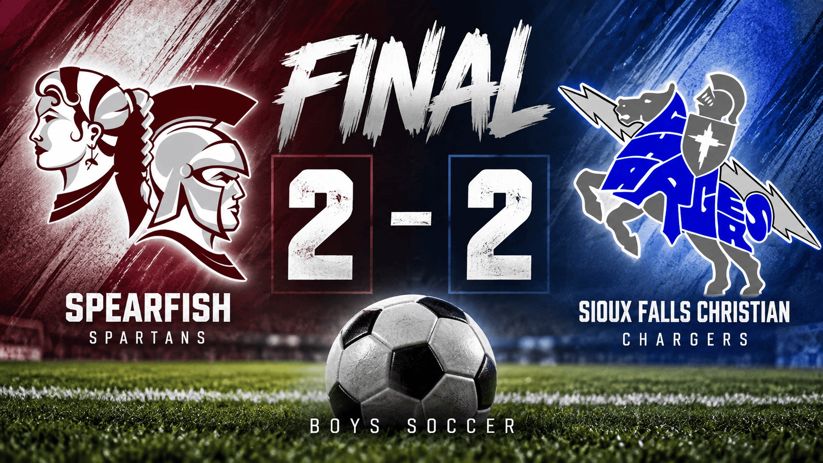 Spearfish Spartans Boys Soccer ties Sioux Falls Christian Chargers 2-2 on the road during the 2026 season.