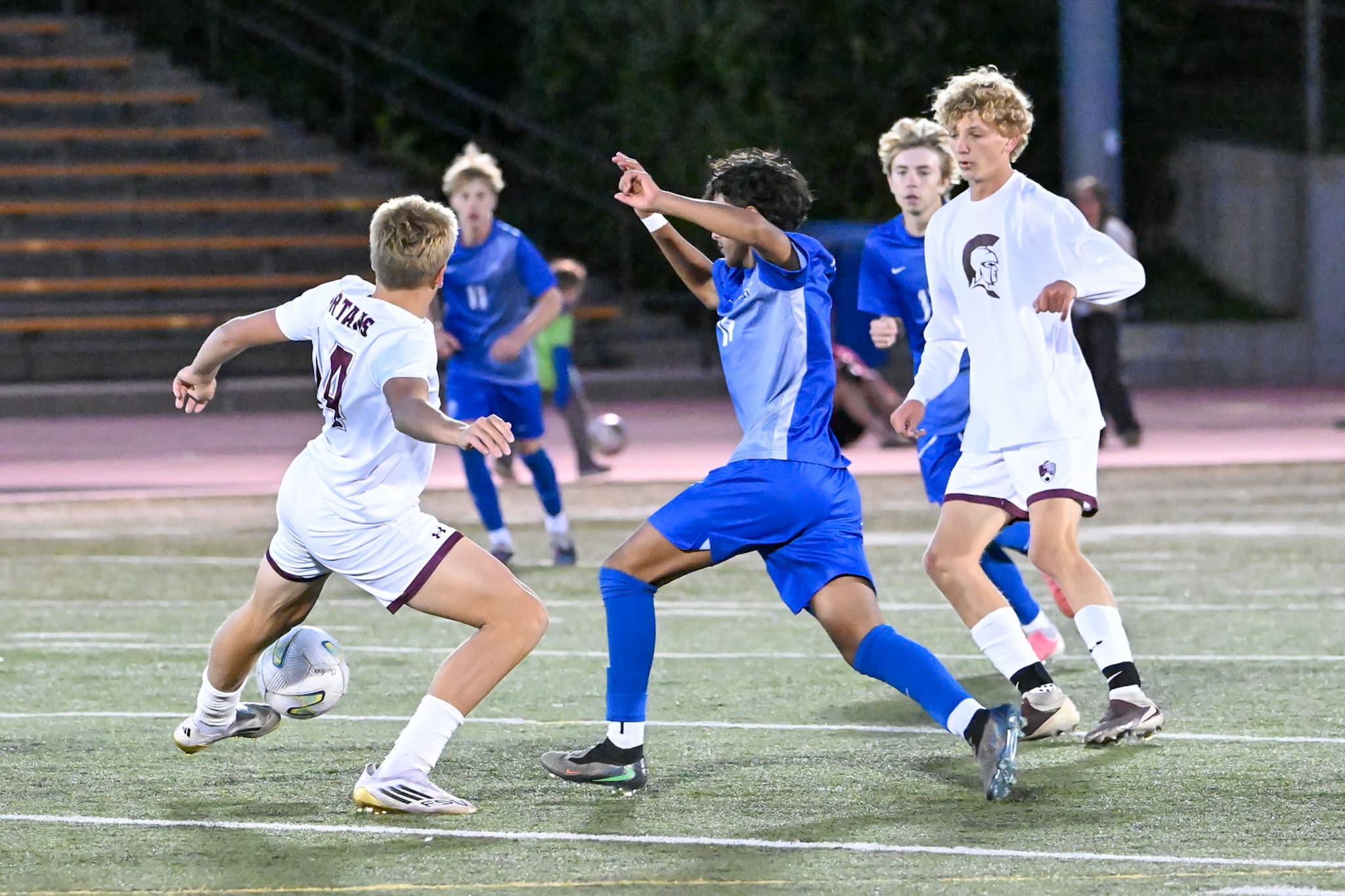 Elijah Ruml of the Spearfish Spartans Boys Soccer Team looks to steal the ball against the Rapid City Stevens Raiders on Thursday, October 2, 2026 at Sioux Park.