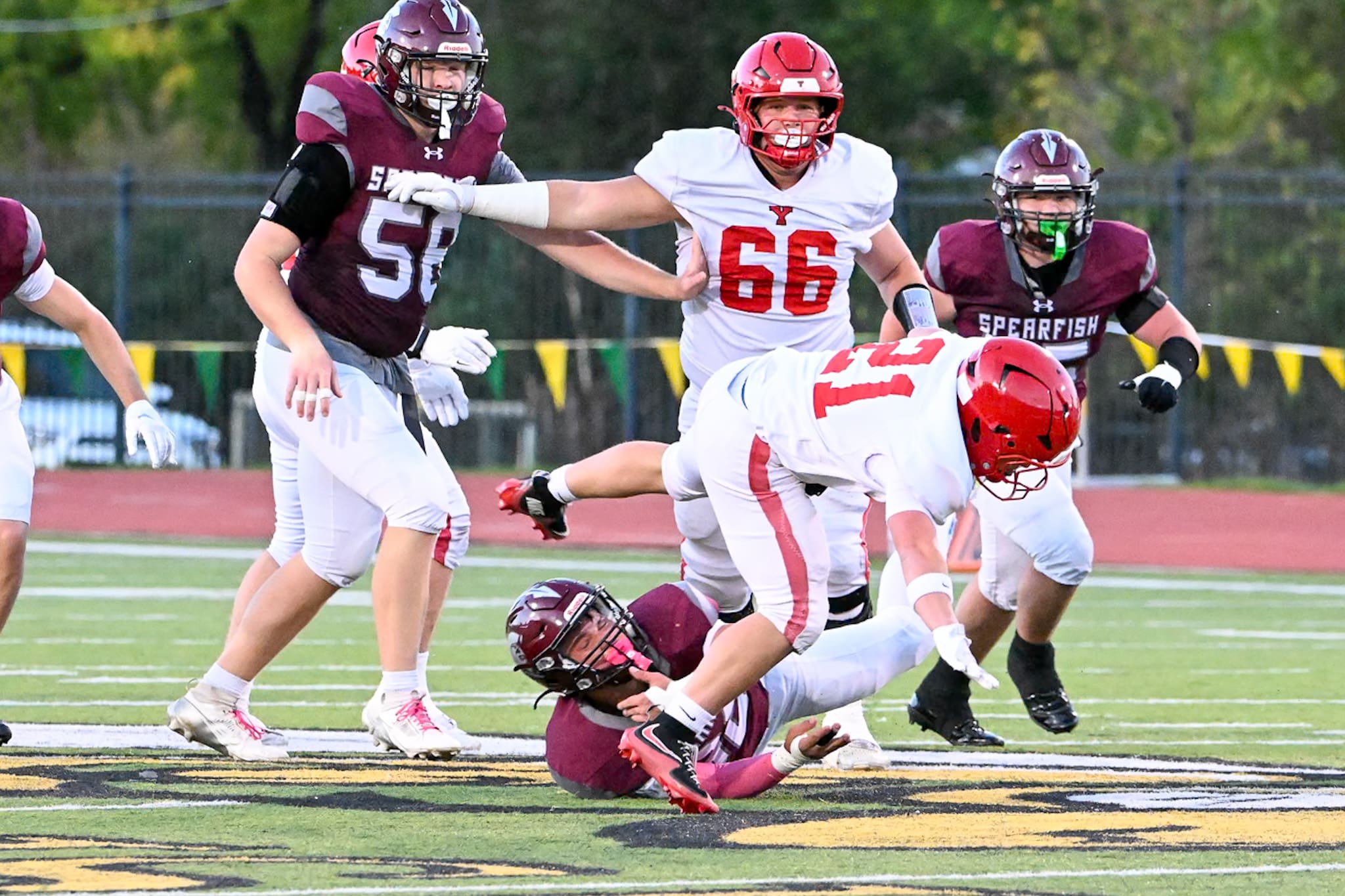 Brock Lewis of the Spearfish Spartans Football Team makes a tackle on a ballcarrier vs. the Yankton Bucks in the Spartans Homecoming Matchup at Lyle Hare Stadium at Black Hills State University on Friday, October 2, 2026.