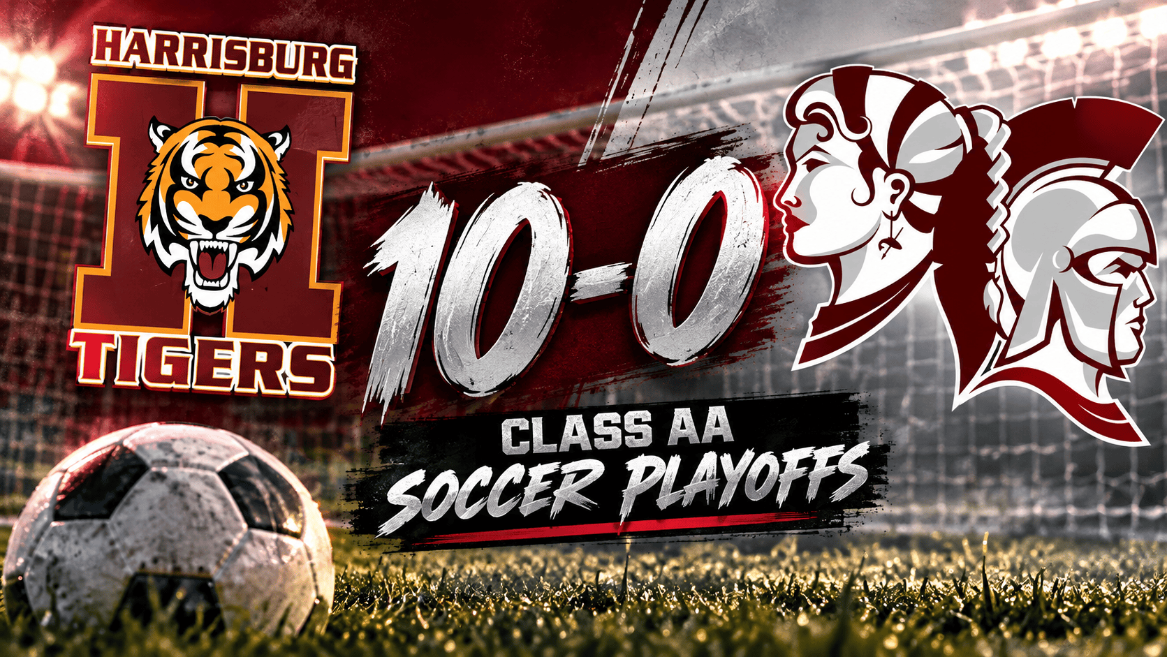 Harrisburg Tigers defeat the Spearfish Spartans 10-0 in the Class AA boys soccer playoffs, with both team logos and a soccer ball.
