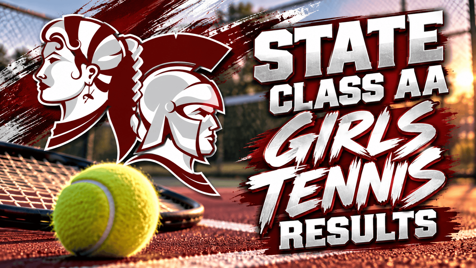 Spearfish Spartans logo with a tennis ball and racket on a court with text reading “State Class AA Girls Tennis Results.”